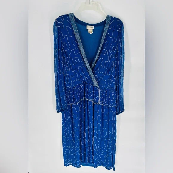 Neiman Marcus Vibrant Blue Silk Dress with Beaded Accents Size Small Vintage - Picture 2 of 6
